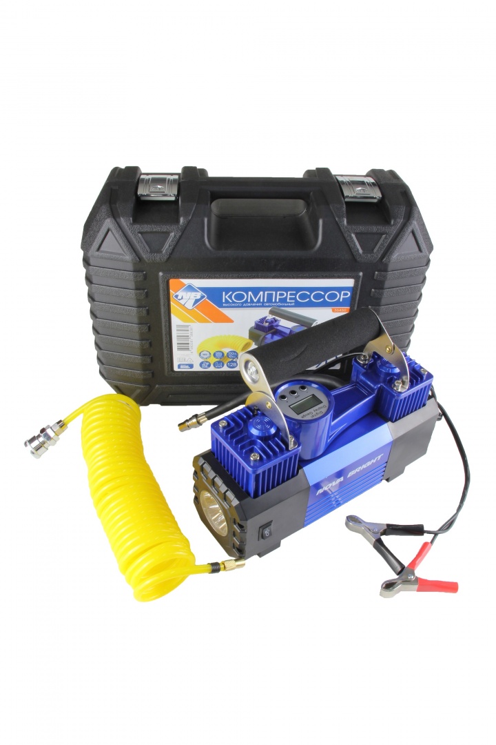Компрессор "Nova Bright" АК-90 двухпоршневой, до 90 л/мин., 150 PSI, 12В, металл.корпус, пластик.кейс, цифровой ман., LED-фонарь, автостоп