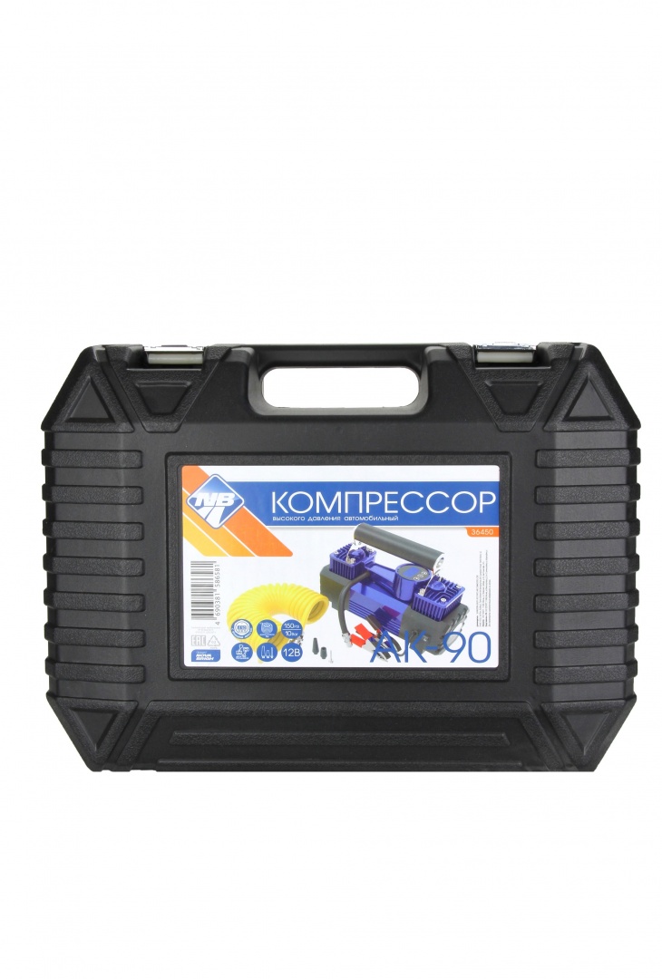 Компрессор "Nova Bright" АК-90 двухпоршневой, до 90 л/мин., 150 PSI, 12В, металл.корпус, пластик.кейс, цифровой ман., LED-фонарь, автостоп