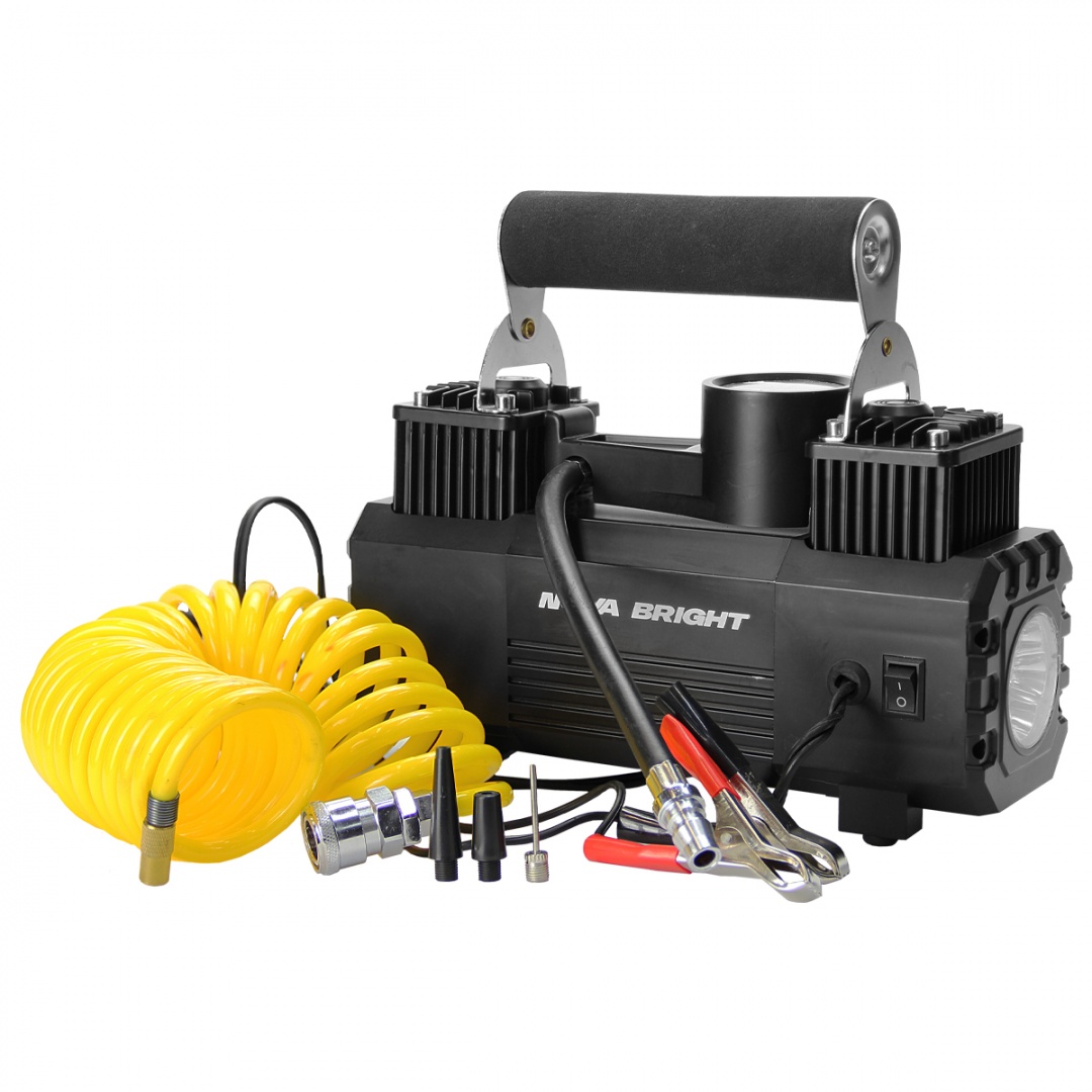 Компрессор "Nova Bright" АК-65 двухпоршневой, до 65 л/мин., 150 PSI, 12В, металлический корпус, пластиковый кейс, LED-фонарь