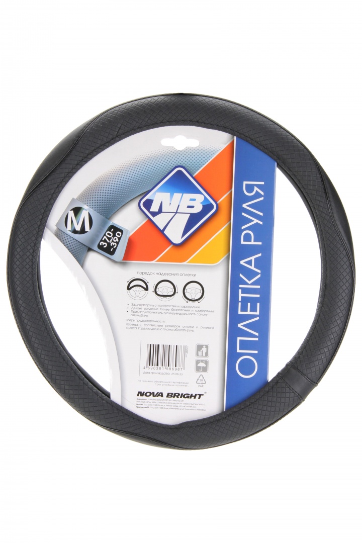 Оплетка рулевого колеса "Nova Bright" (М) экокожа, черная с фигурным тиснением и красной отделкой