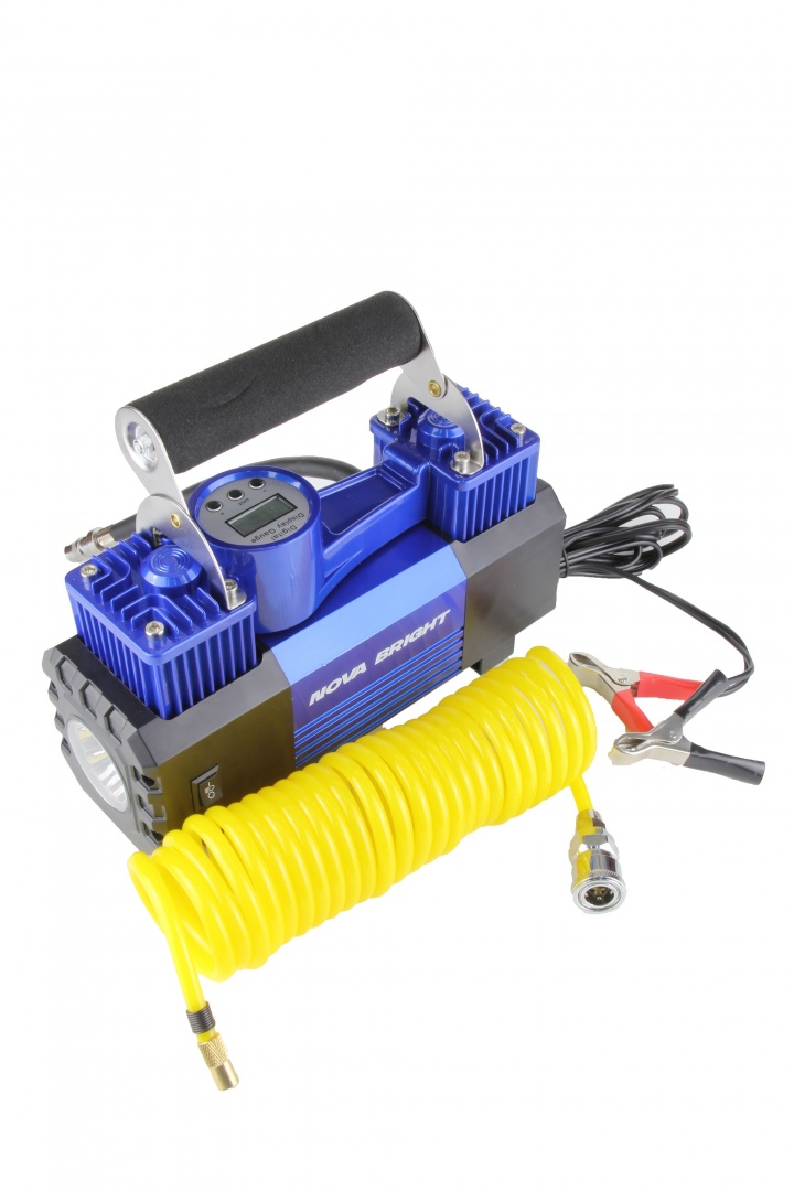 Компрессор "Nova Bright" АК-90 двухпоршневой, до 90 л/мин., 150 PSI, 12В, металл.корпус, пластик.кейс, цифровой ман., LED-фонарь, автостоп