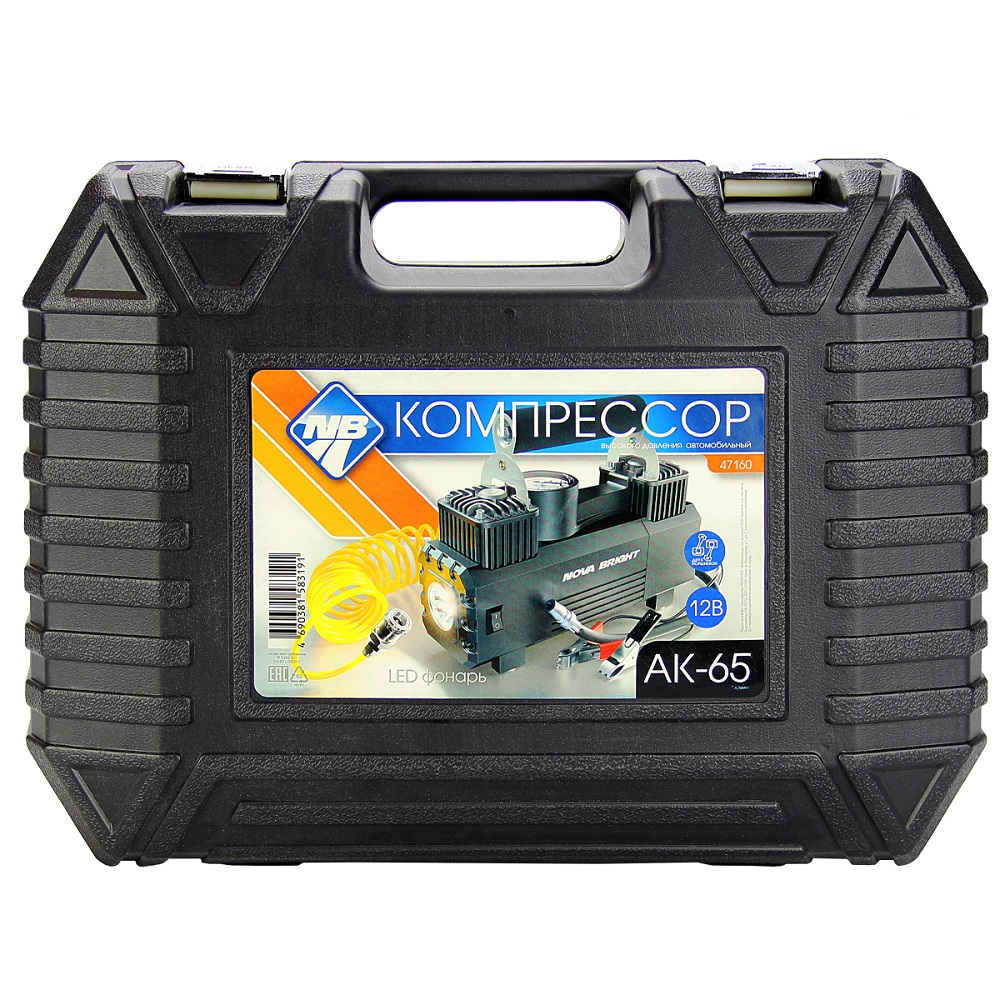Компрессор "Nova Bright" АК-65 двухпоршневой, до 65 л/мин., 150 PSI, 12В, металлический корпус, пластиковый кейс, LED-фонарь